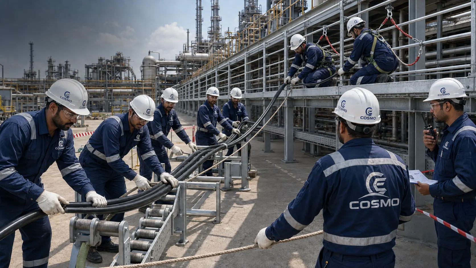 Cosmo team safely pulling cable and installing cable trays in a refinery