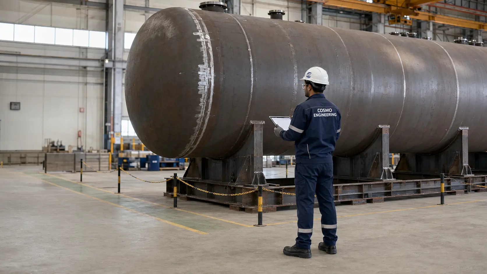 Cosmo Engineering inspector examining a fabricated pressure vessel