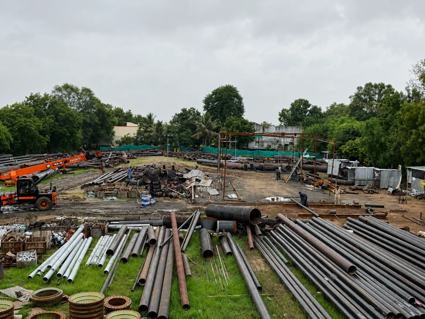 Industrial piping materials arranged in the Vadodara yard