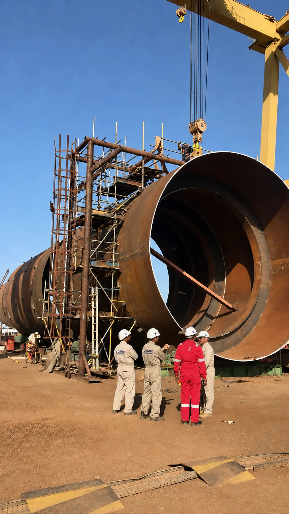 Cosmo Engineering personnel inspecting a large LPG bullet shell section in Oman